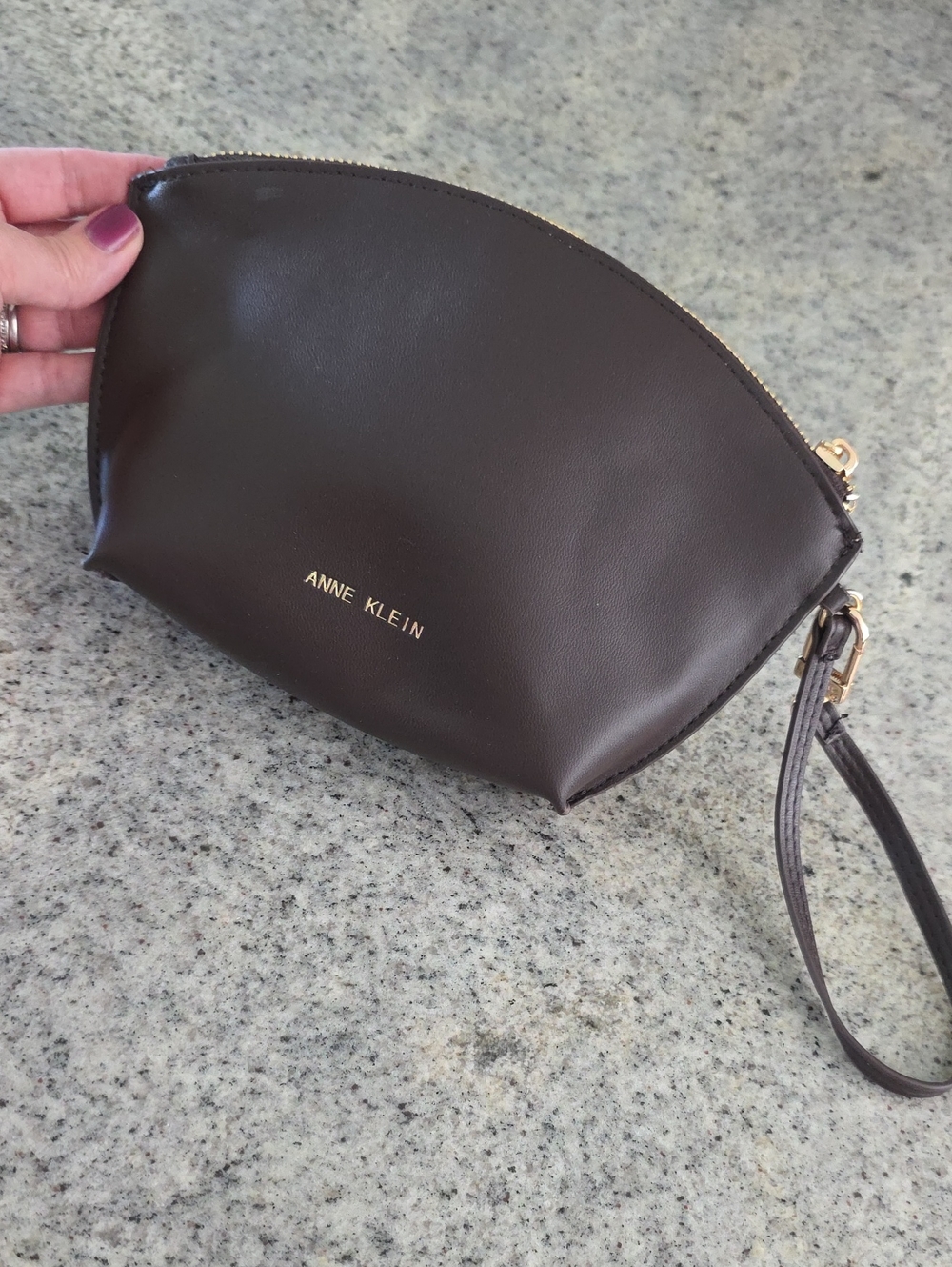 Anne Klein Chocolate Brown Faux Leather Wristlet Clutch with Gold Logo